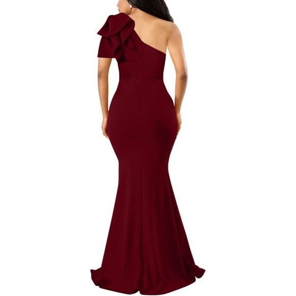 ✨Women's Red Sexy Sleeveless One Shoulder Ruffle  Evening Long Formal Dress - Picture 2 of 7